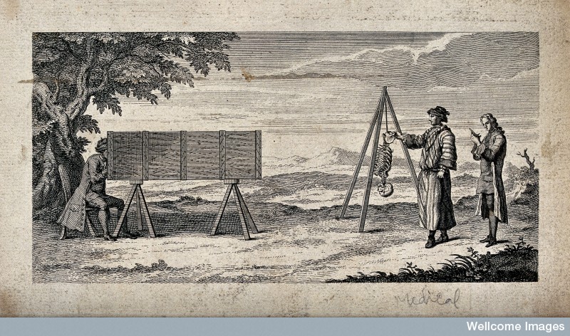 A seated man looking through a camera obscura at half a skeleton suspended upside down from a tripod as two men look on. Etching.