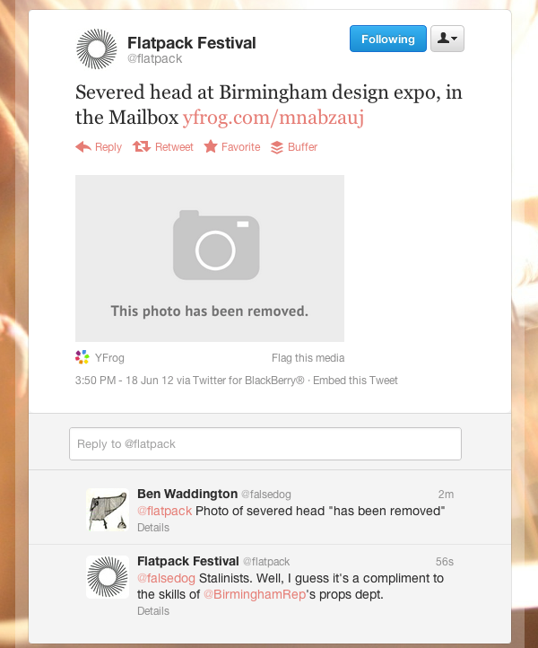 Twitter - flatpack - Severed head at Birmingham